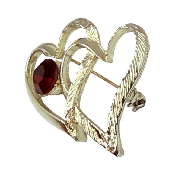 Vintage Red Crystal Double Heart Brooch 2" Valentine Love Silver Tone - Picture 2 of 15